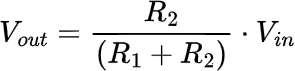 Equation for the voltage divider. V out equals R2 over R1 plus R2, all multiplied by voltage in.