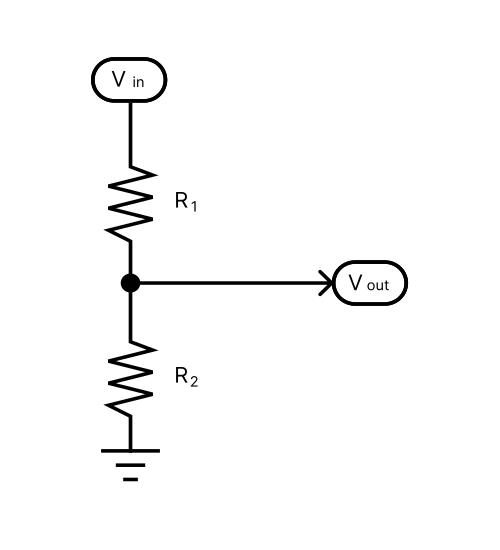 Circuit schematic of a voltage divider, including resistors R1 and R2.