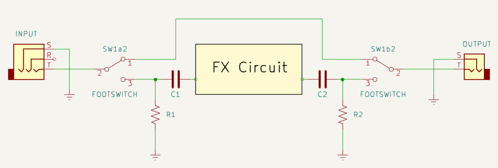 Figure 2.6: The complete De-Popper circuit with pull-down resistors applied to the input and output nodes, along with the DC blocking/AC coupling capacitors. 