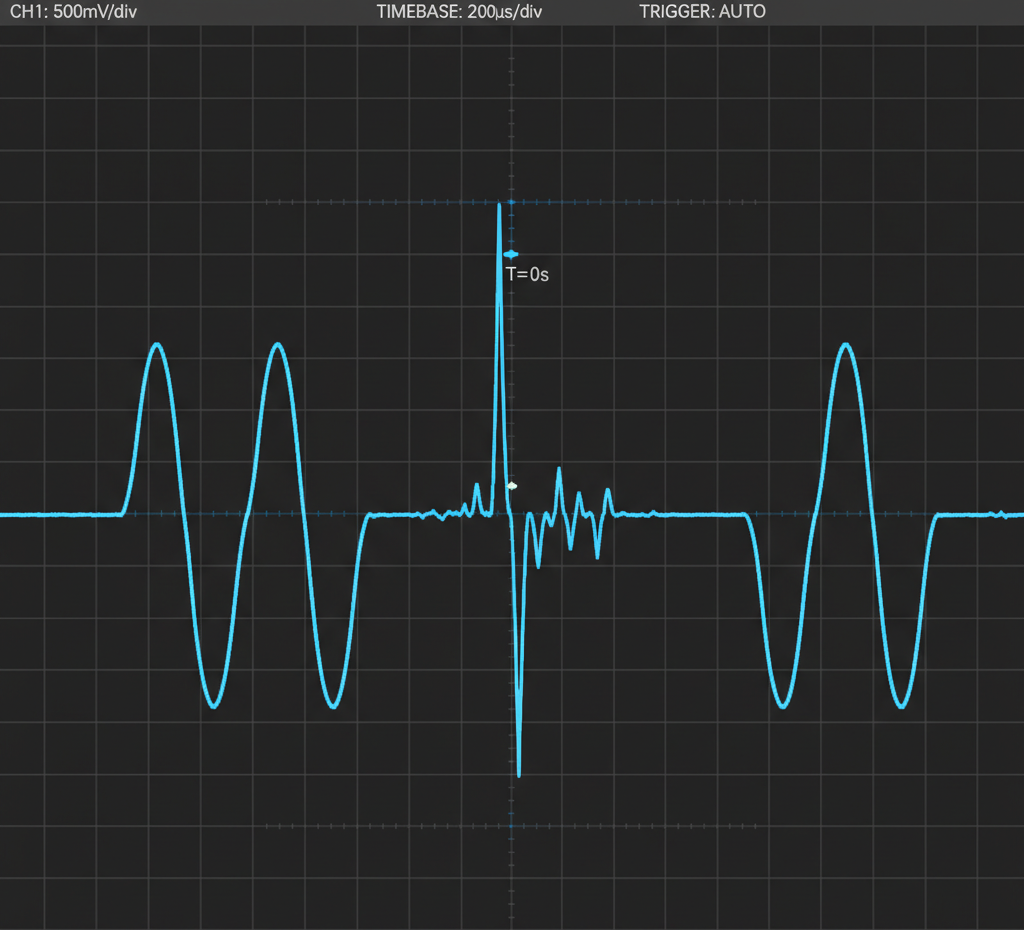 Figure 2.2: Oscilloscope waveform showing clean signal interrupted by switching transient spike at moment of engagement.