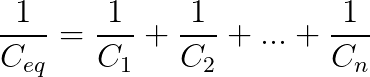 The standard series capacitance calculation formula for n capacitors in series.