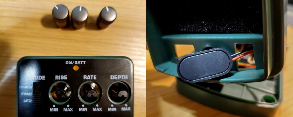 Removing the knobs of the Behringer pedal (left). Showing the battery clip in the battery compartment (right).