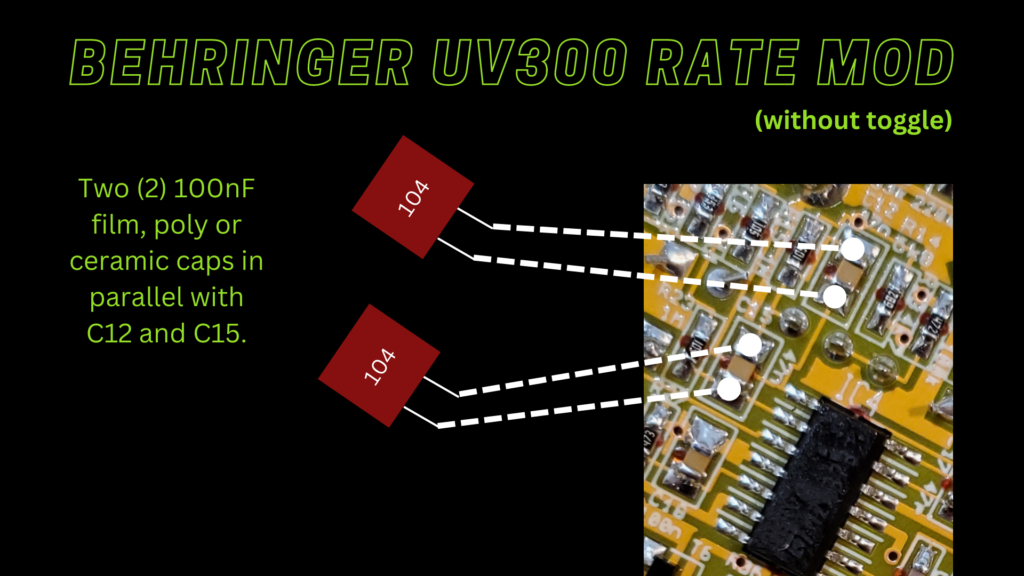 The UV300 Rate Mod with both 104 caps soldered directly to the PCB.