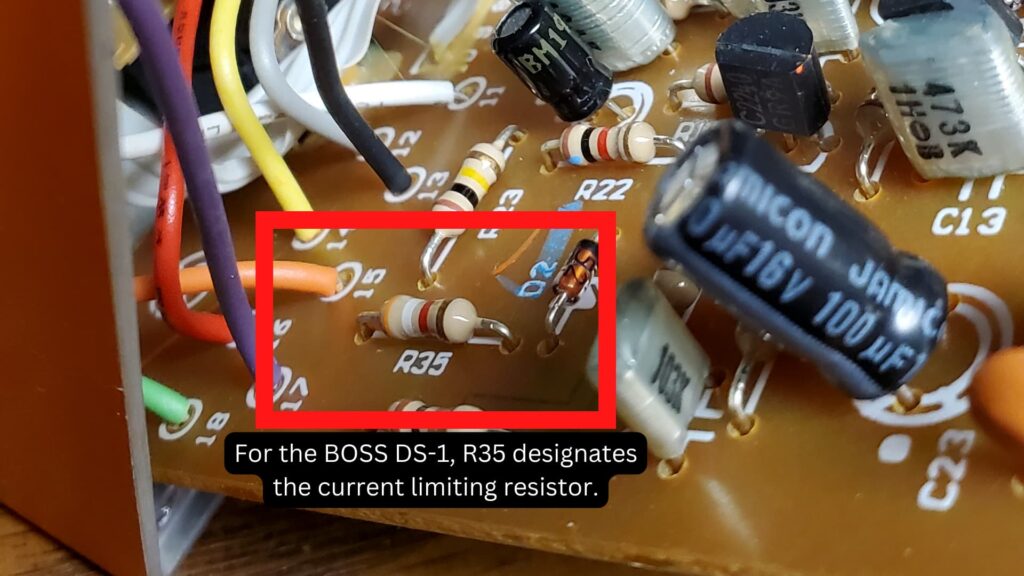 Showing the BOSS DS-1 current limiting resistor designation