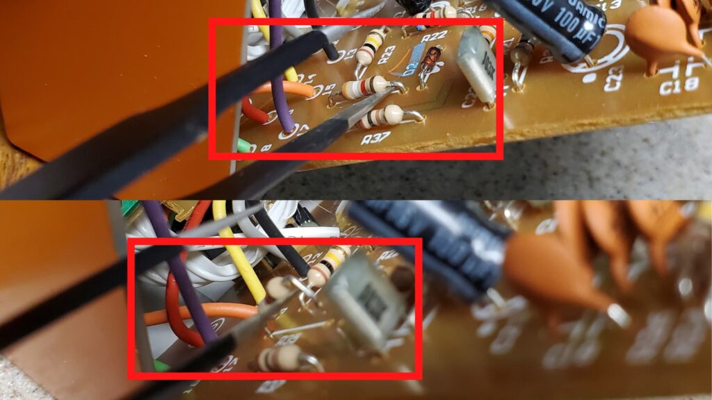 Showing how to remove the current limiting resistor with a pair of tweezers.