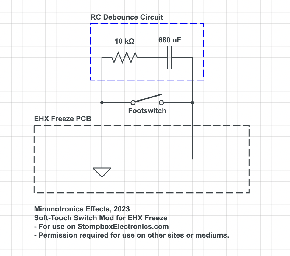 Debounce RC filter schematic for the EHX Freeze Soft Touch Switch mod