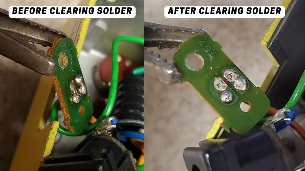 Before and after cleaning out the solder leftover from desoldering the LED.