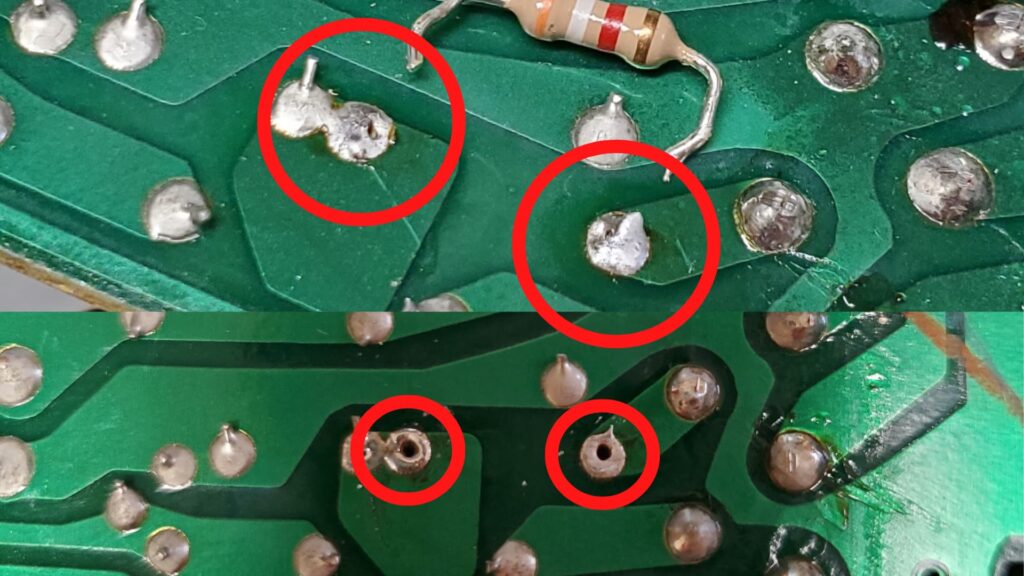 Top: vias before excess solder removal. Bottom: vias after solder removal.