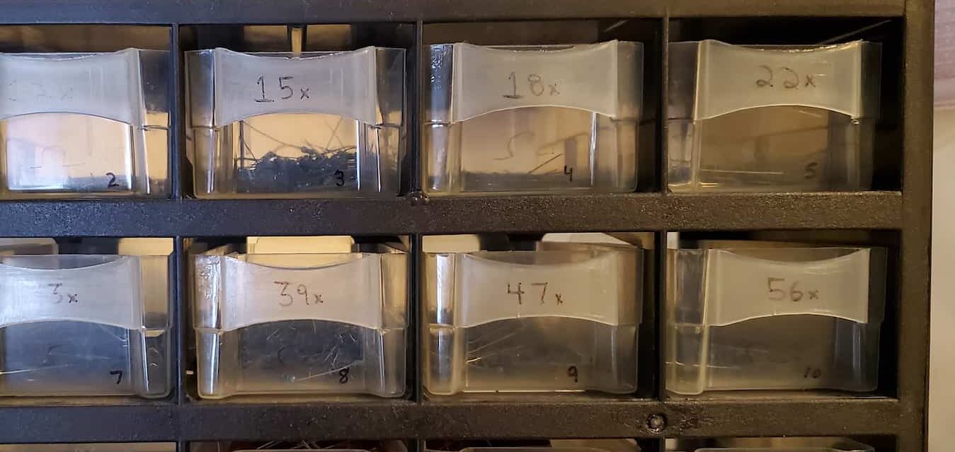 My way of organizing resistors, based on the EIA E12 numbering scheme.