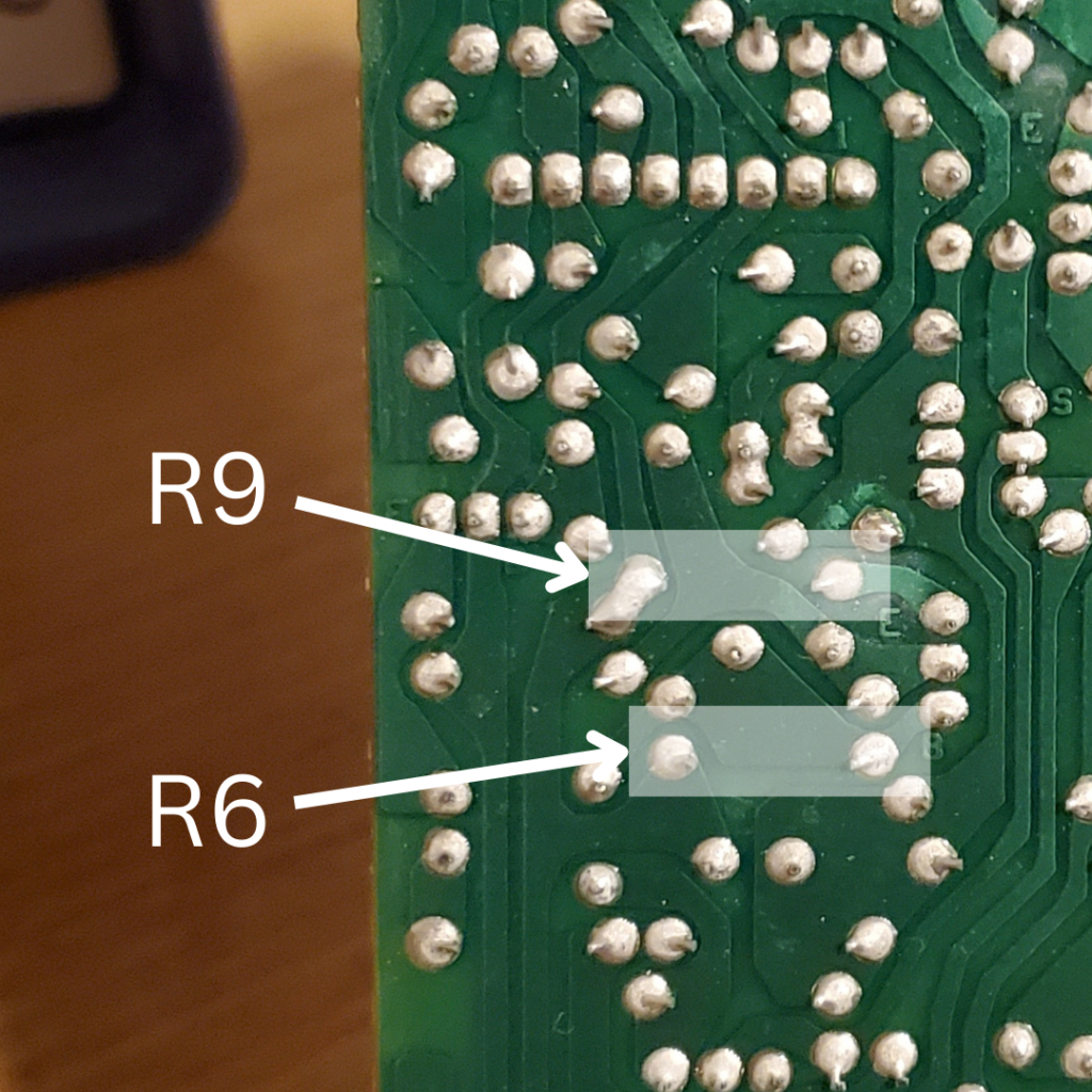 Location of R6 and R9 from the back side of the circuit board.