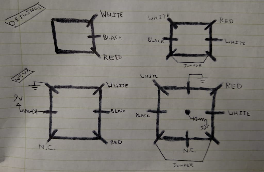 Showing the original wiring (top) complete with wire coloring, and the new, modified wiring (bottom).