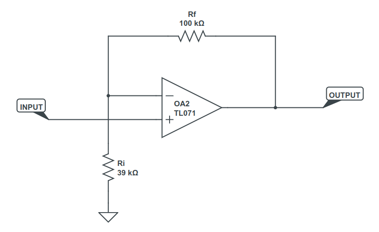 Illustrative example of a TL071 Non-Inverting Amplifier Circuit
