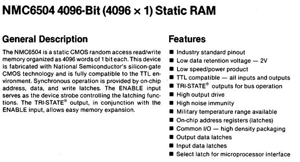 The NMC6504 4096-Bit Static RAM Description and Features.