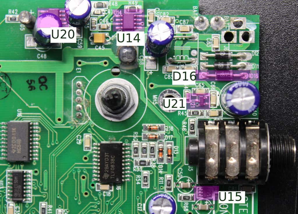 The power section of the Line 6 DL-4 circuit board.