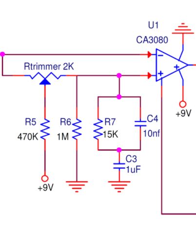 MXR Dyna Comp trimpot circuit schematic. Image cropped from Electrosmash