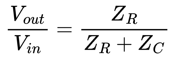 Voltage divider equation for an RC circuit, calculated using impedance.