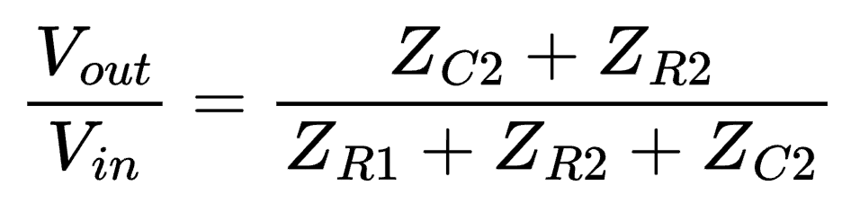 Voltage divider equation for an RC low-pass shelving circuit using impedance.