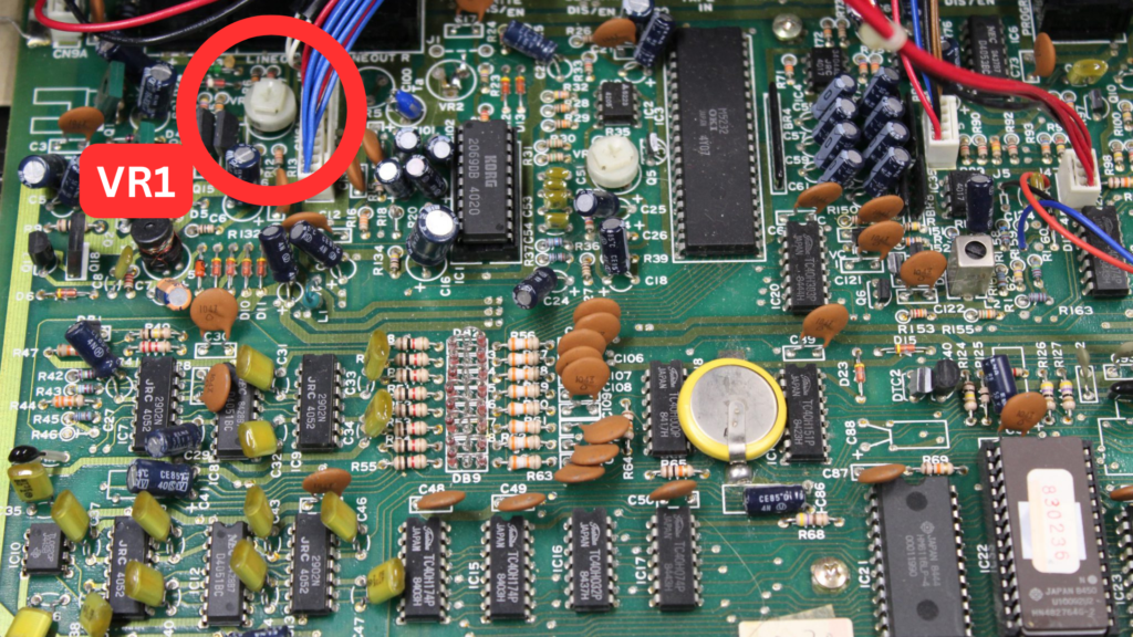 Showing the location of VR1 on the Korg Poly 800 main circuit board.