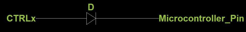 A schematic of how the diode connects to the microcontroller pin and any of the CTRLx transistors.