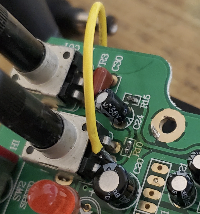 Showing wire #1 connection to the center lug of the Repeats potentiometer on the surface-mount version.