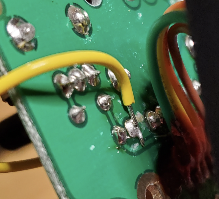 Showing wire #2 connection to the negative polarity lead of C24 for the surface-mount version.