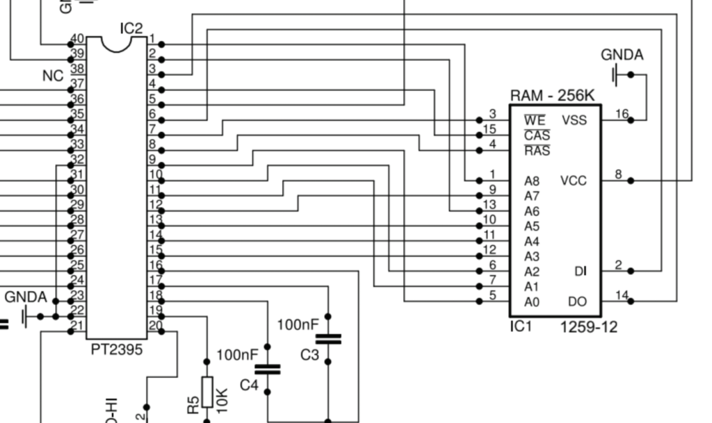 Showing the connections between the PT2395 and the DRAM chip. The Hold Mod requires that pin 3 of the DRAM chip and pin 7 of the PT2395 chip are severed.