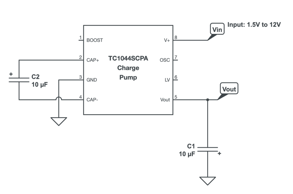 Figure 9.5 A basic charge pump inverter circuit using the TC1044SCPA chip, configured with just two capacitors: C1 and C2.