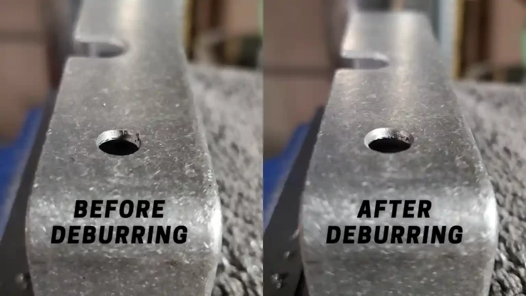 Showing the difference in the smoothness of drill holes before deburring vs after deburring.