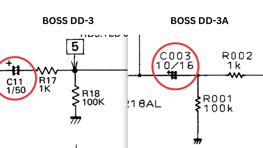 Showing the change in capacitor values between the DD-3 and DD-3A.