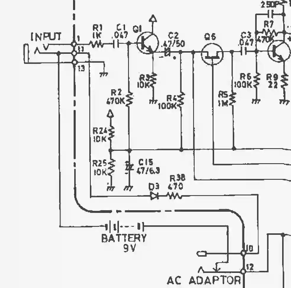 An excerpt of the BOSS DS-1 circuit schematic showing the ACA circuit, with D3 and R38.