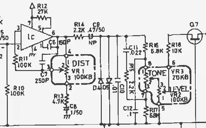 An excerpt of the BOSS DS-1 schematic showing C10 just after the clipping stage.