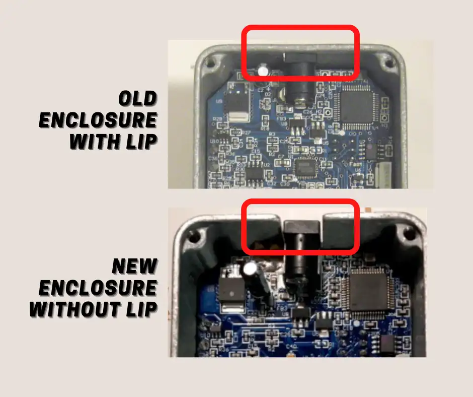 The old vs. new EHX Freeze designs, showing the metal lip around the power connector.