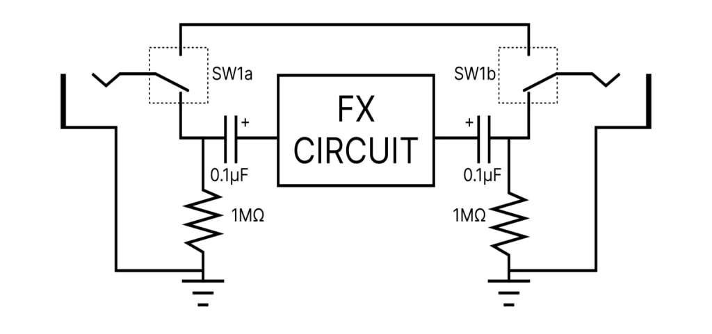 The final De-Popper circuit. with both capacitors and two resistor for ensuring no charge build-up on the caps.
