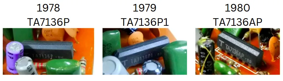 The various versions of the TA7136 chip, found in early DS-1 pedals.