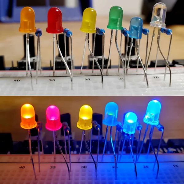 Figure 8.4 From left to right: orange, red, yellow, green, blue, and clear white LEDs. Displayed on the PROTIS 1 MINI Guitar Effects Development Board.