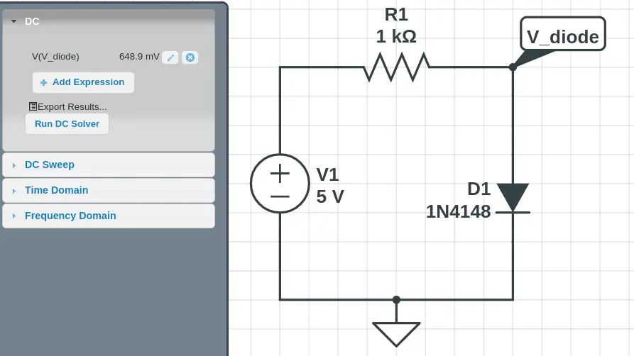 Figure 5.2 Voltage source V1 supplies 5V to the branch containing R1. The voltage V_diode represents the Forward Voltage Drop, which is simulated as 0.6489 volts, close to the standard 0.65-volt “rule-of-thumb” value.