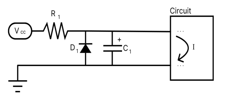 Figure 6.7 The first version of the power supply filter circuit, with resistor R1, diode D1, and electrolytic capacitor C1.