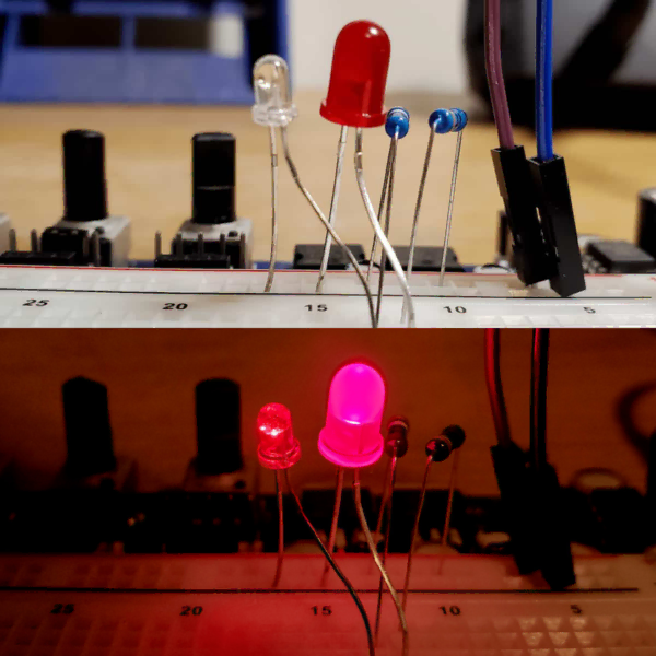 Figure 8.3 Two red LEDs. The left LED has a clear lens, while the LED on the right has a diffused lens. Displayed on the PROTIS 1 MINI Guitar Effects Development Board.