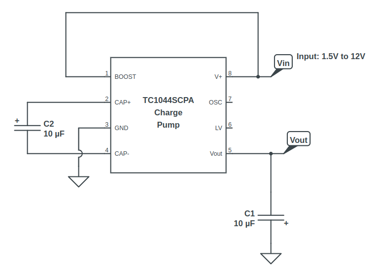 Figure 9.6 A charge pump circuit updated for use with guitar pedal circuits.