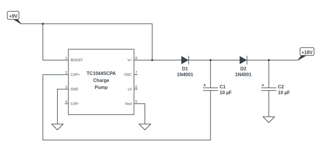 Figure 10.2 A voltage doubler circuit built with a TC1044SCPA charge pump IC.
