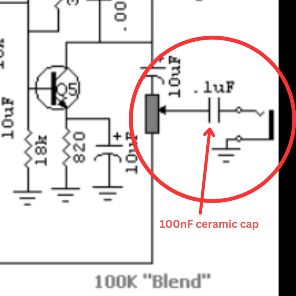 Showing the output cap on the original schematic. Resistor R34 sits between the wiper of the Blend Pot and this 100nF cap.