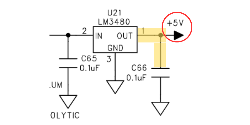 The 5V regulator in the Line 6 DL-4 power circuit.