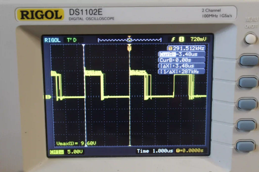 The PWM DC-DC converter output waveform, with a switching frequency of approximately 287kHz.