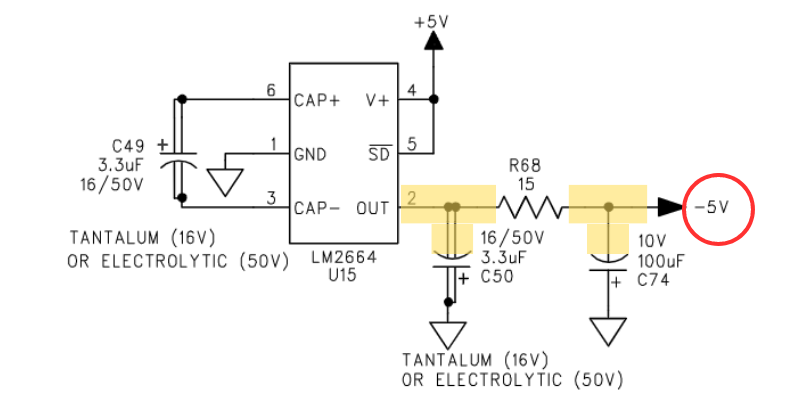 Voltage inverter circuit for negative 5V rail in the Line 6 DL-4.
