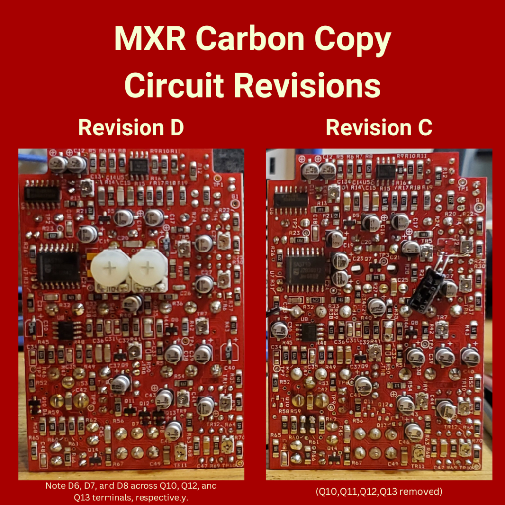 MXR Carbon Copy circuit revisions C and D and their differences.