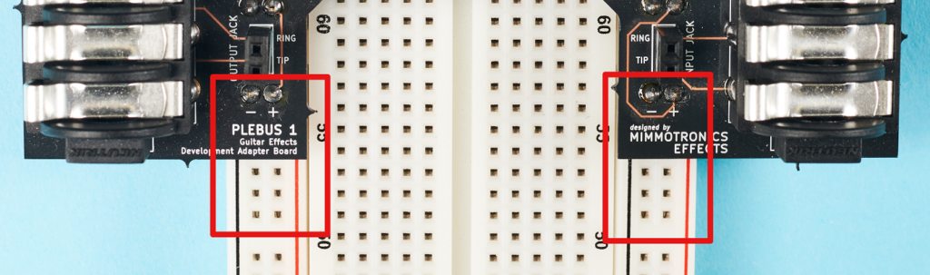 The power from the PLEBUS 1 is automatically routed to the plus and minus rails on the breadboard.