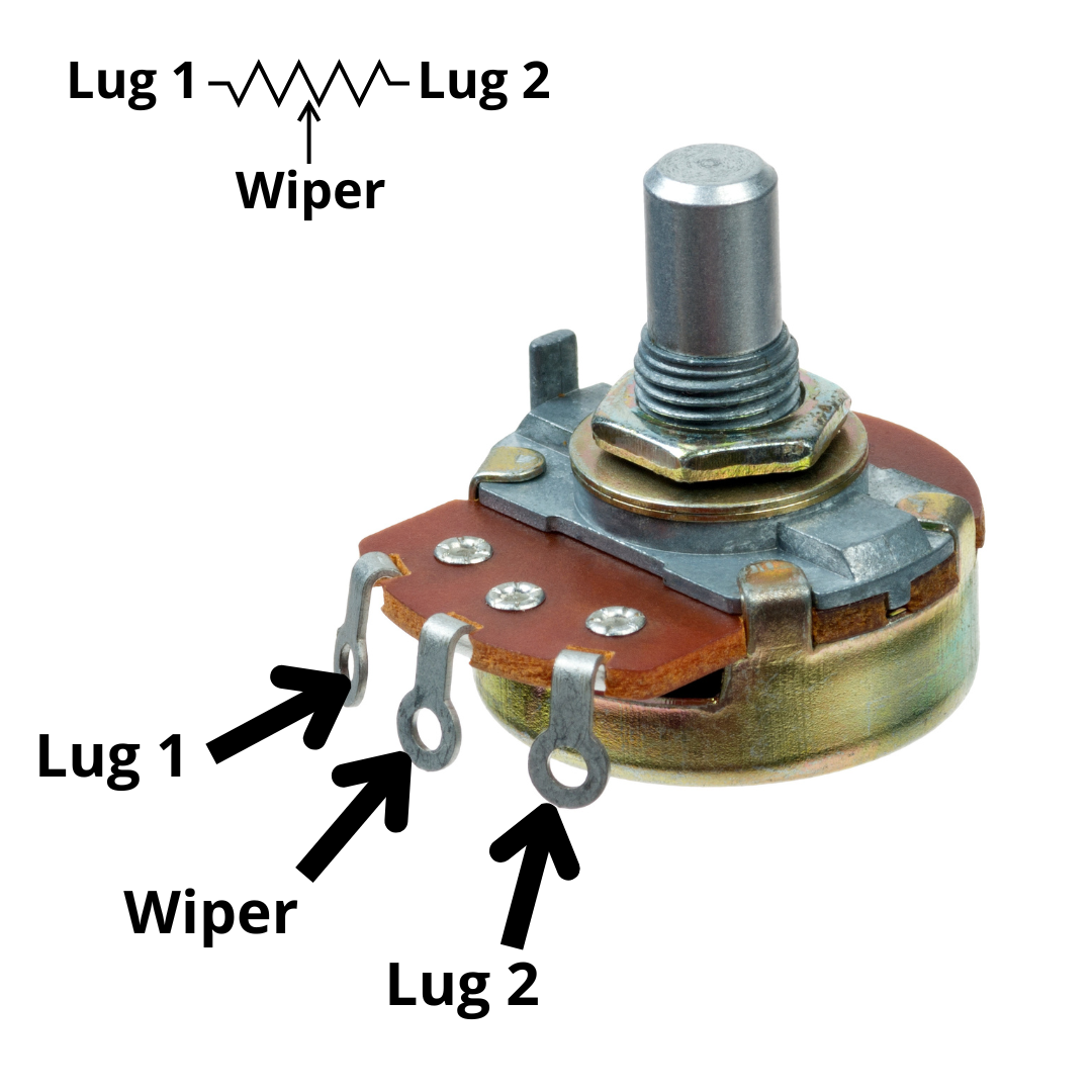 Showing Lug 1, the Wiper, and Lug 2 potentiometer connections.