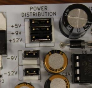 The power distribution options on the PROTIS 1 Guitar Effects Development Board.