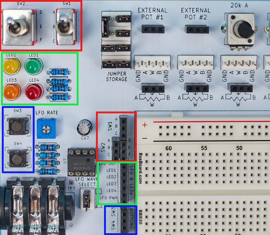 The PROTIS 1 includes LEDs, two toggle switches (one SPDT and one DPDT) and two tactile pushbutton switches. There is also a space on the board to store un-used jumpers/shunts.