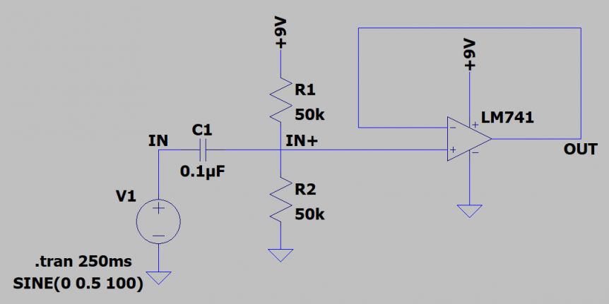 A more correct design of a single-supply op amp buffer circuit.